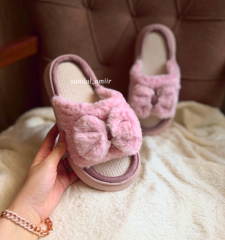 دمپایی پشمالو پولیشی زنانه پاپیونی